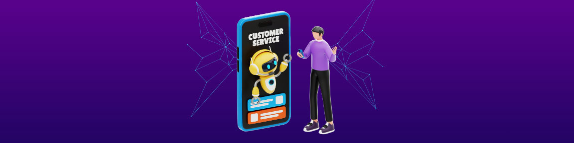 A 3D illustration of a person using a mobile app with an AI chatbot for customer service.