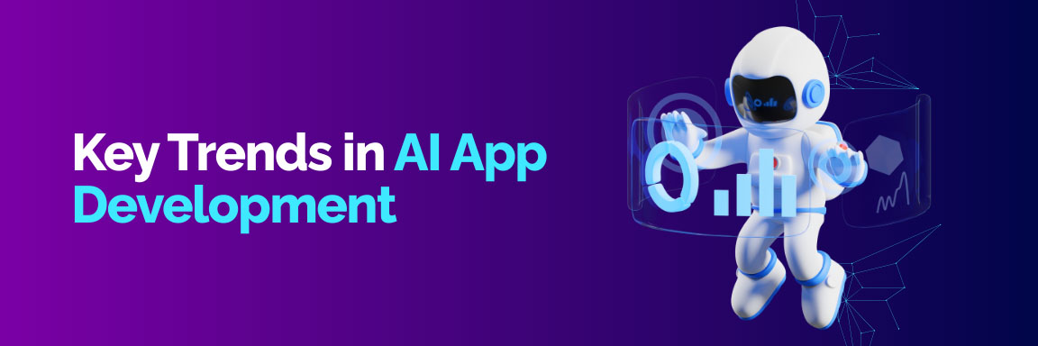 A 3D illustration of a robot interacting with a transparent screen displaying data charts, representing key trends in AI app development.