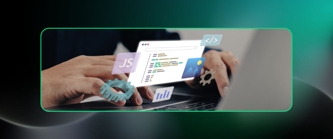 A person's hands on a laptop with holographic icons of JavaScript, gear, and charts.