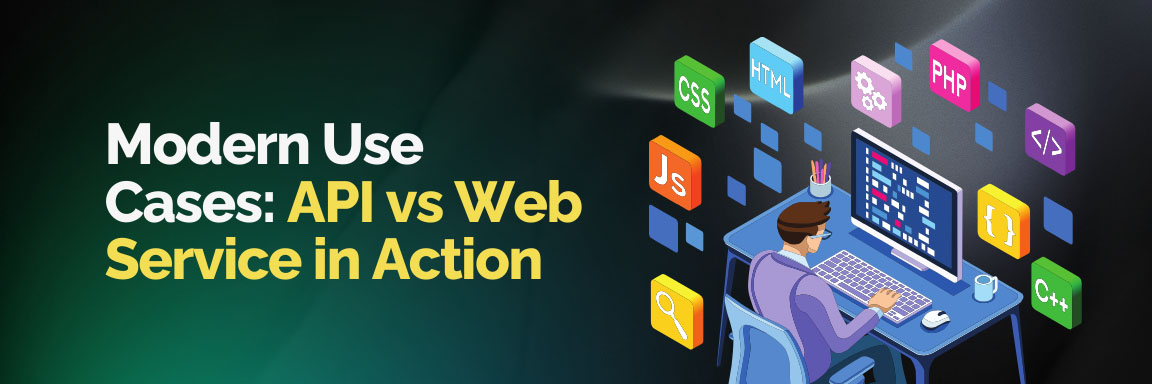 Modern use cases for APIs and Web Services, a developer surrounded by programming language icons.