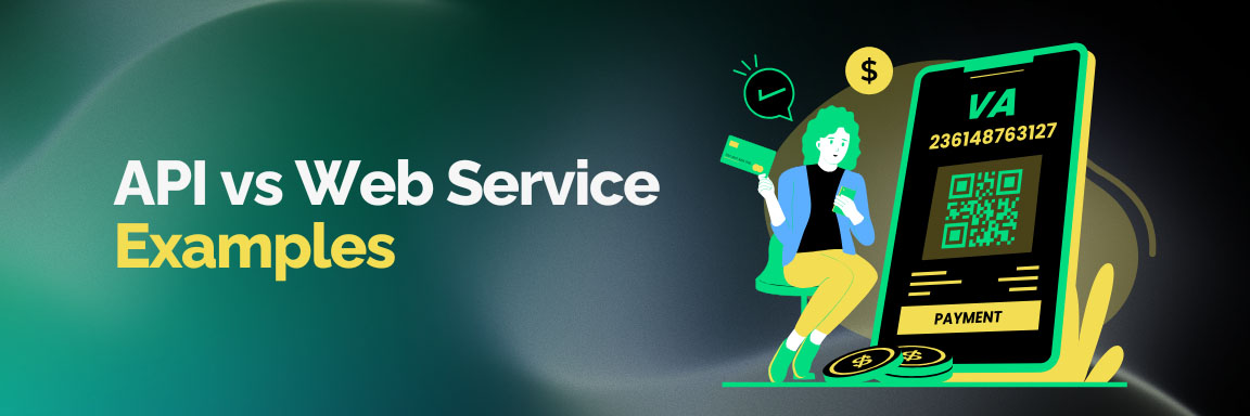 API vs Web Service examples, a person making a mobile payment with QR code and credit card.