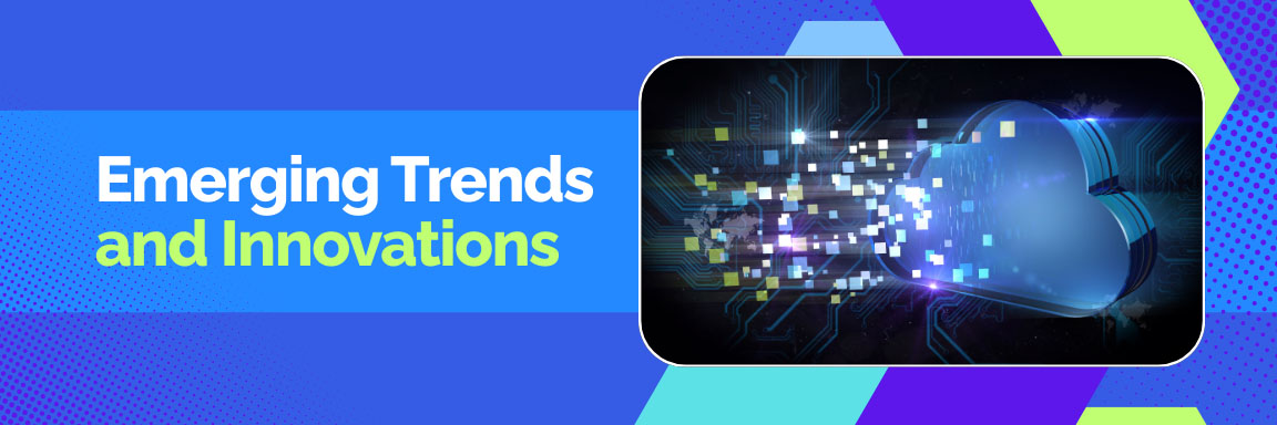 Emerging trends and innovations in edge computing, with an image of a digital cloud and glowing pixels.