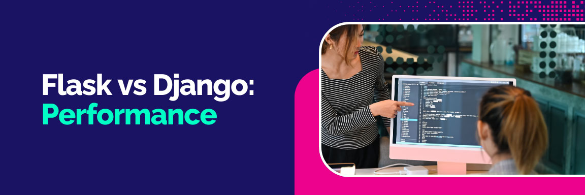 Flask vs Django performance comparison, two developers discussing code on a computer screen.
