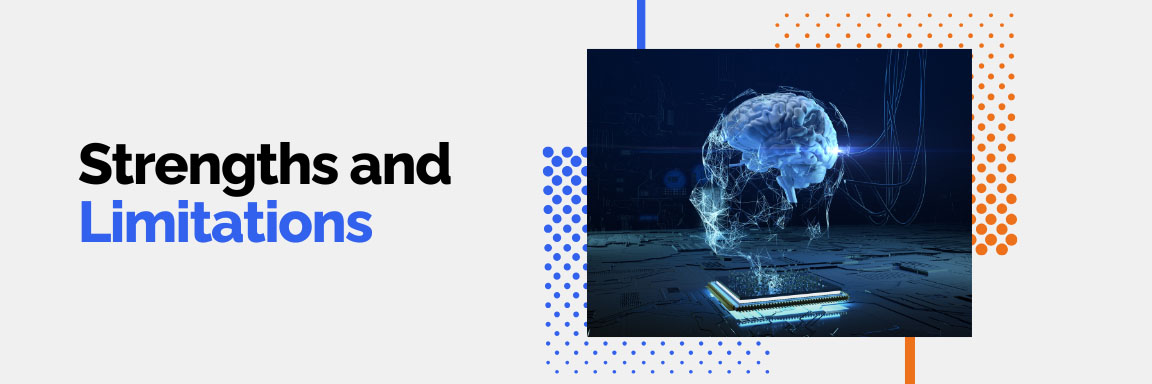 Strengths and limitations of AI, with a digital brain emerging from a microchip.
