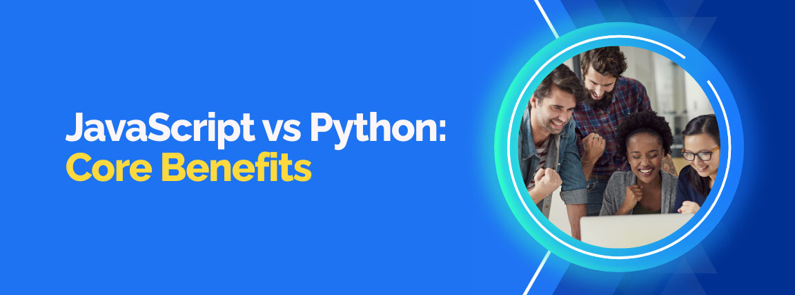 JavaScript vs Python core benefits, a group of developers celebrating.