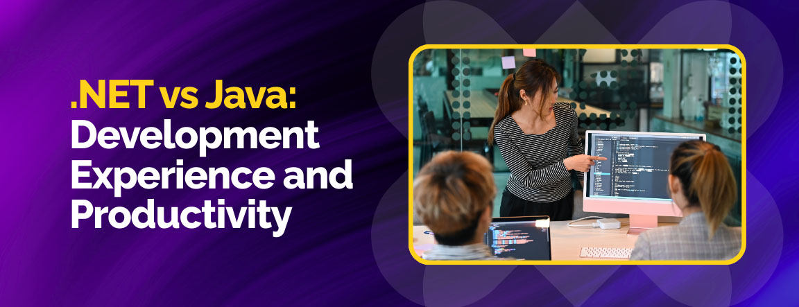 .NET vs Java development experience and productivity, with two programmers collaborating on code.