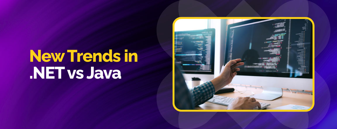 New trends in .NET vs Java, showing a developer analyzing code on dual monitors.