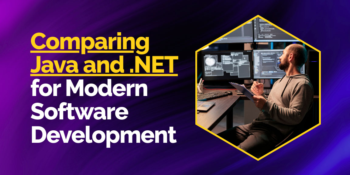 A developer comparing Java and .NET for modern software development on multiple screens.