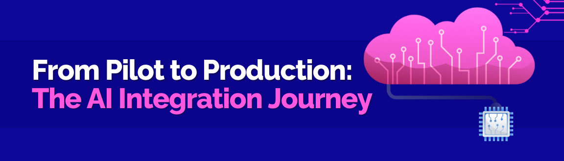A circuit-patterned cloud connected to a chip, titled "From Pilot to Production: The AI Integration Journey."
