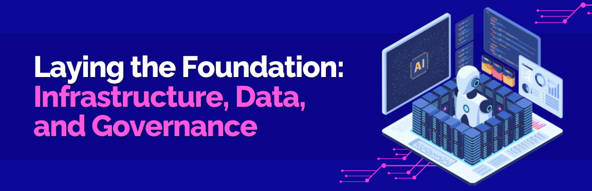 A robot in a server room, titled "Laying the Foundation: Infrastructure, Data, and Governance."