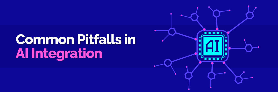 A microchip with "AI" and glowing lines, titled "Common Pitfalls in AI Integration."
