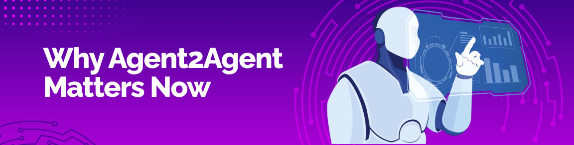 Why Agent2Agent Matters Now: A white and blue robot pointing to a data interface, highlighting the importance of agent communication.