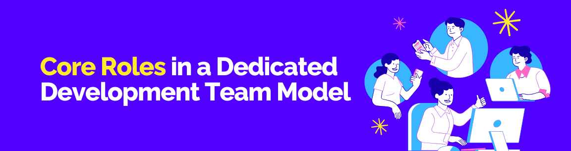 An illustration of four different people in circles, each with a different work-related item, titled "Core Roles in a Dedicated Development Team Model."