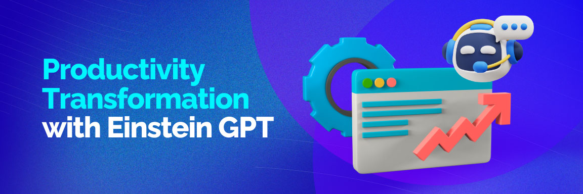 Key features of Einstein GPT, with a developer working on a laptop surrounded by different app icons.