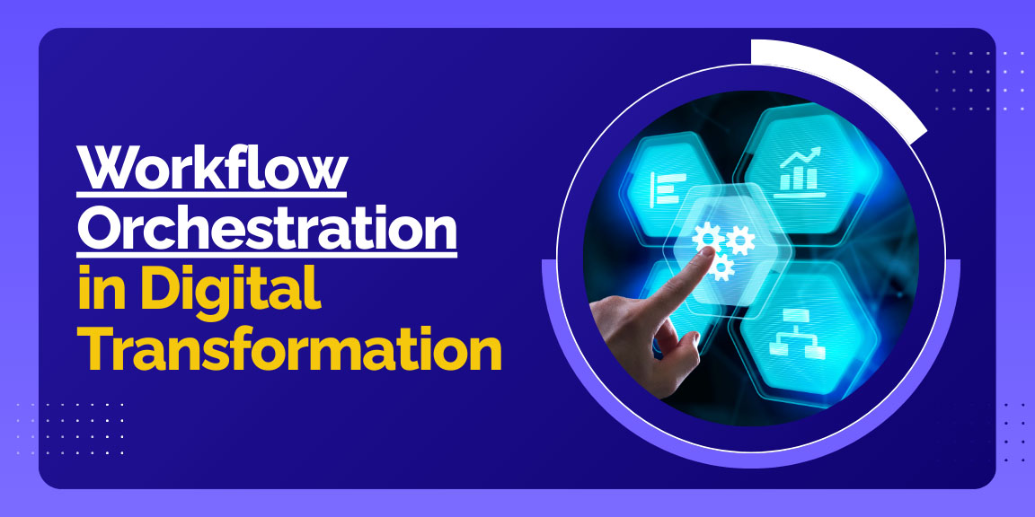 The power of workflow orchestration illustrated, showing a network of different processes and a security lock icon.