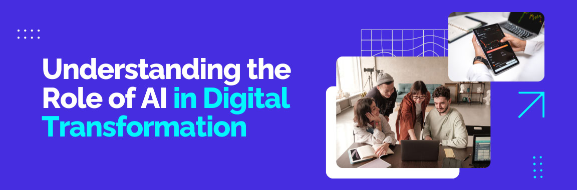 The future of digital transformation, with AI represented by a robot hand and connected data streams, impacting business strategy.