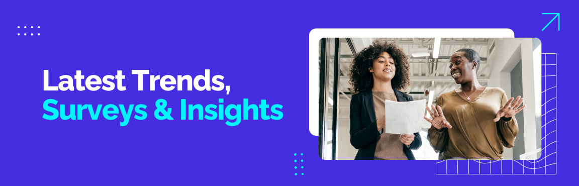 Latest trends and insights on AI in digital transformation, featuring a futuristic graph with an upward trend and data icons.