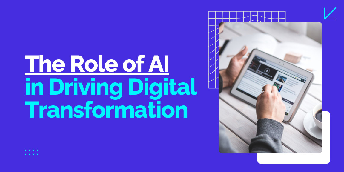 Main visual of AI's role in digital transformation, showing a robot hand touching a globe connecting data, business, and technology.