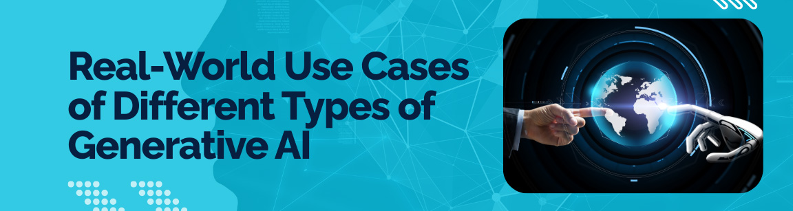 Real-world use cases and applications of different types of Generative AI with a robot hand pointing to a digital globe.