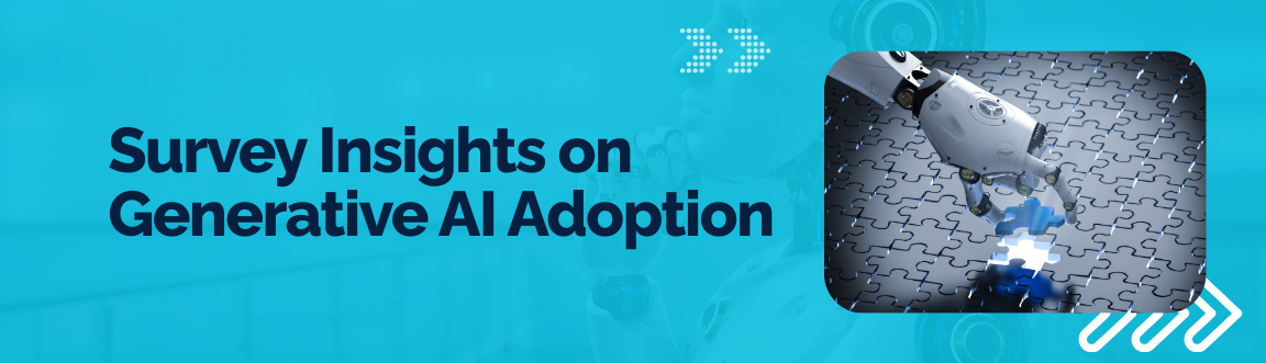 Generative AI adoption survey insights with a robot hand placing a glowing puzzle piece.