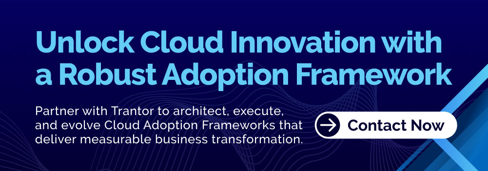 Call to action banner: Unlock Cloud Innovation with a Robust Adoption Framework and Contact Now button.
