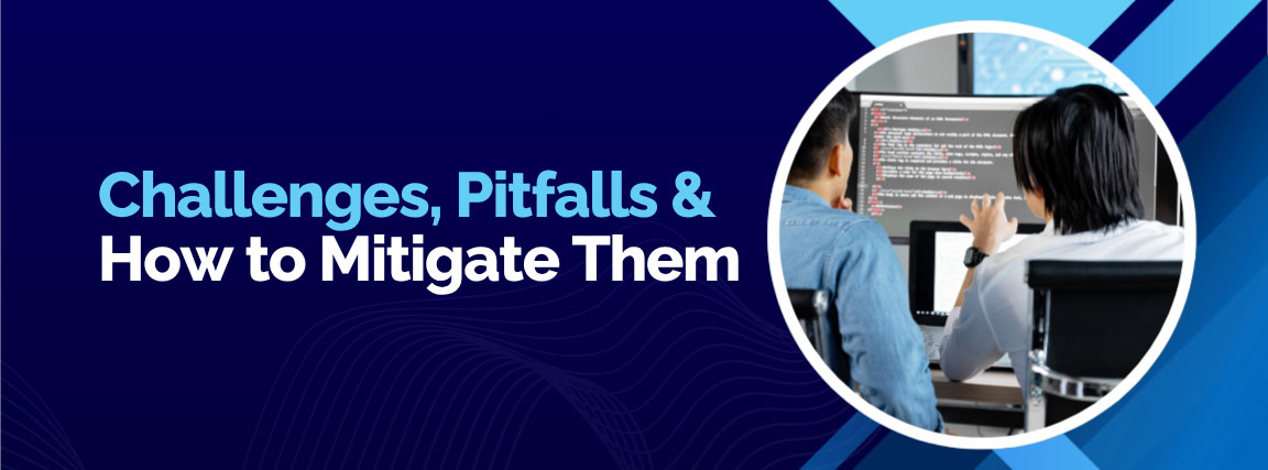 Challenges and pitfalls mitigation for Cloud Adoption Framework showing two developers reviewing code.