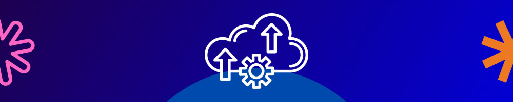 Cloud migration icon with up arrows and a gear, representing ecommerce platform migration and data upload.