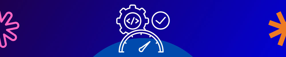 Speedometer icon with a gear, code tags, and a checkmark, symbolizing performance testing and code optimization for a fast and successful ecommerce site migration.
