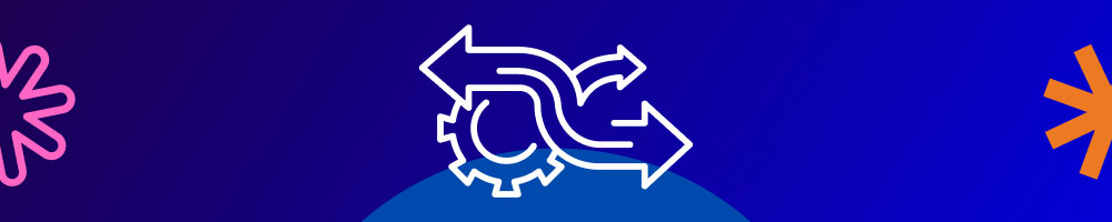 Gear icon with multiple intertwined arrows, representing data flow, system integration, or iterative processes during an ecommerce replatforming.