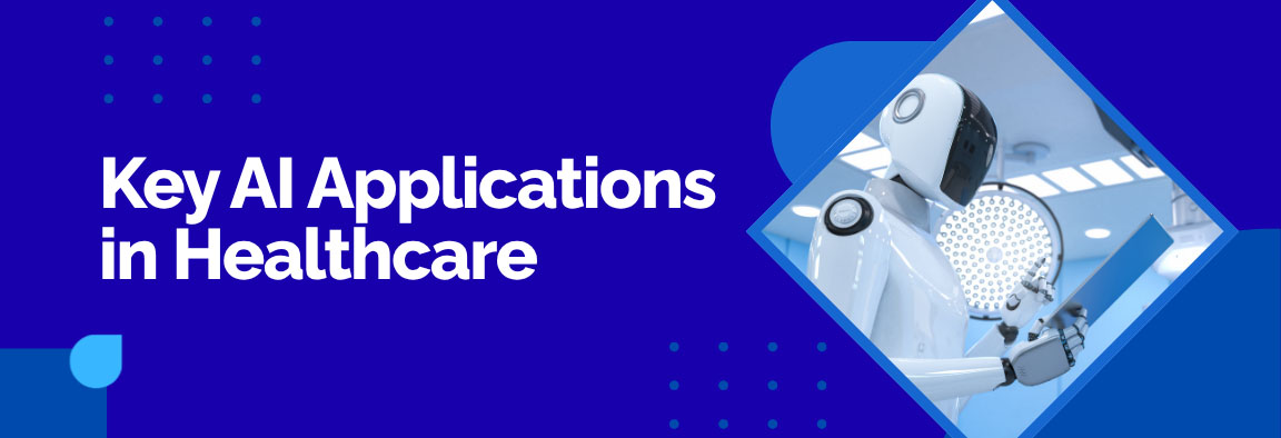 Key AI Applications in Healthcare, featuring a white humanoid robot in what appears to be a surgical or operating room environment.