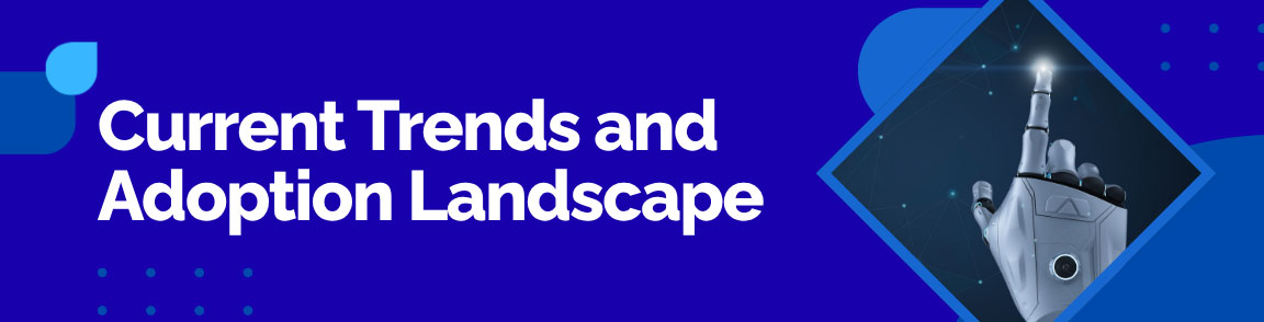 Current Trends and Adoption Landscape in healthcare AI, featuring a robotic hand pointing at a glowing network of data.