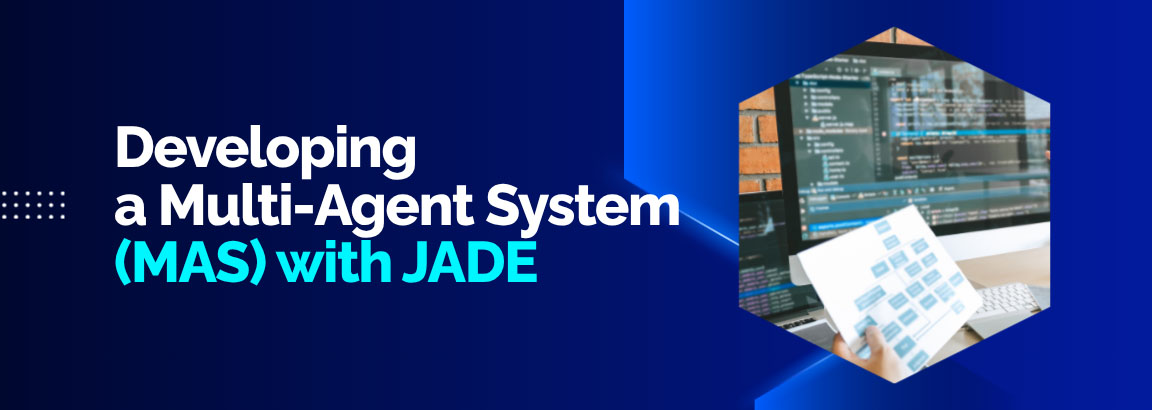 Developer holding a flow chart or diagram with code visible on a computer screen, featuring the text "Developing a Multi-Agent System (MAS) with JADE".