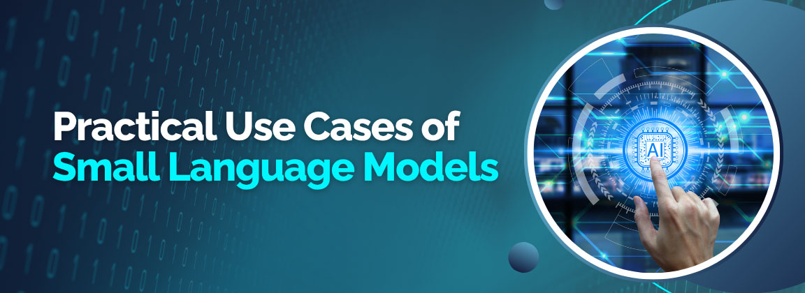 Practical Use Cases of Small Language Models, with a hand touching a futuristic blue AI interface with an animated circular display.