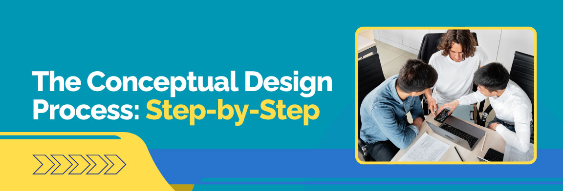 The Conceptual Design Process: Step-by-Step guide, with engineers discussing a laptop.