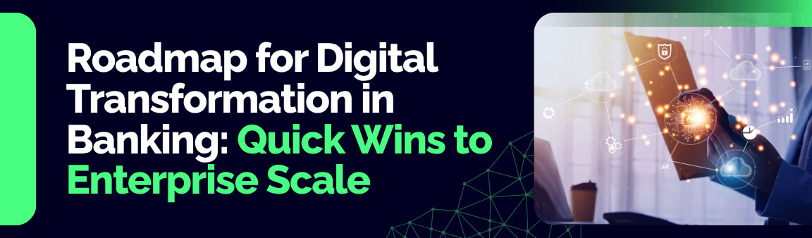 Roadmap for Digital Transformation in Banking: Quick Wins to Enterprise Scale, person interacting with digital finance icons on a tablet.