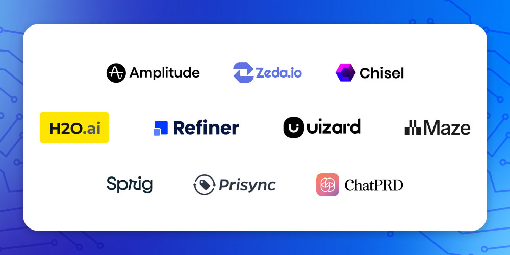 Logos of specialized Generative AI and Product Management tools including Amplitude, H2O.ai, and Maze.
