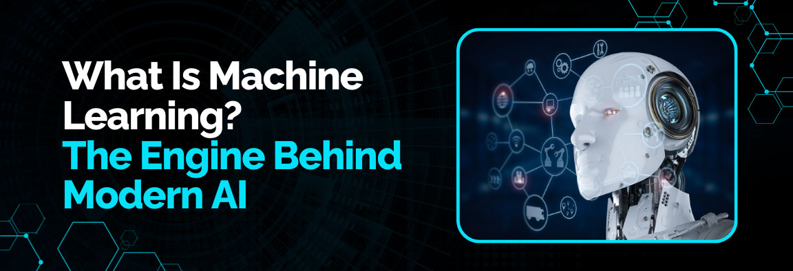 Visual representation of machine learning as the engine behind modern artificial intelligence systems.