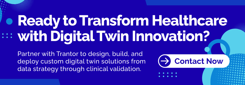 Healthcare digital twin innovation banner promoting custom digital twin solutions for clinical and data applications.