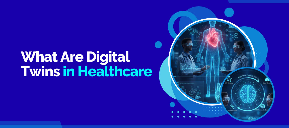 Illustration explaining what digital twins are in healthcare with doctors analyzing a virtual human model.