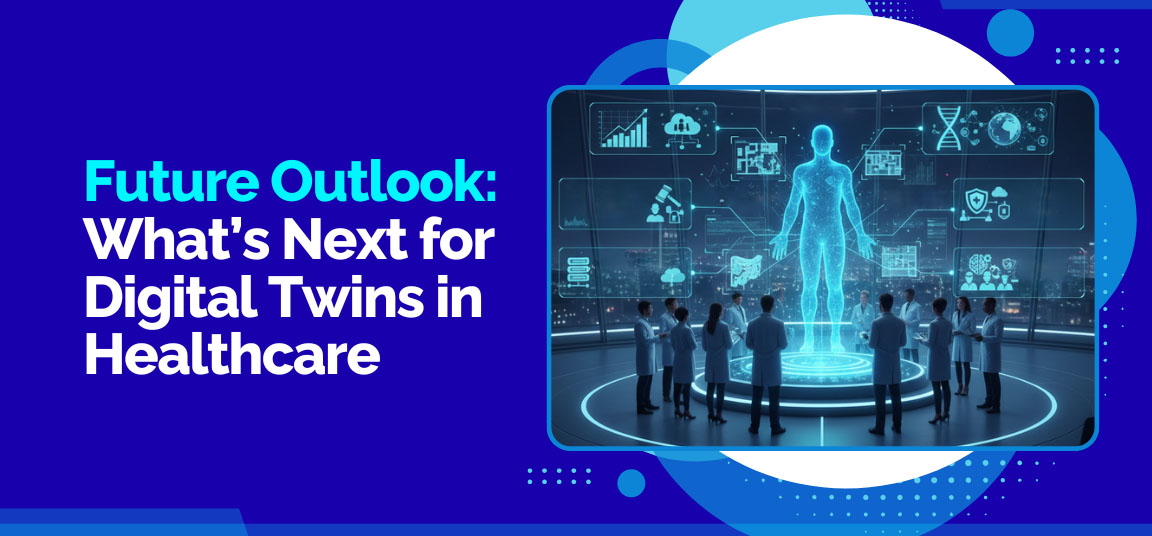 Future outlook of digital twins in healthcare featuring doctors evaluating a full-body virtual human model.