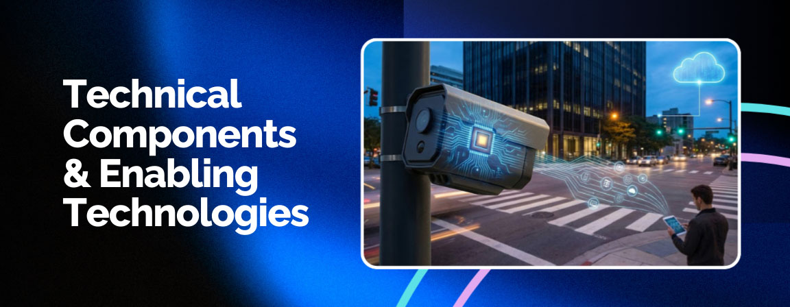 Edge AI technical components and enabling technologies shown through connected smart device visualization.