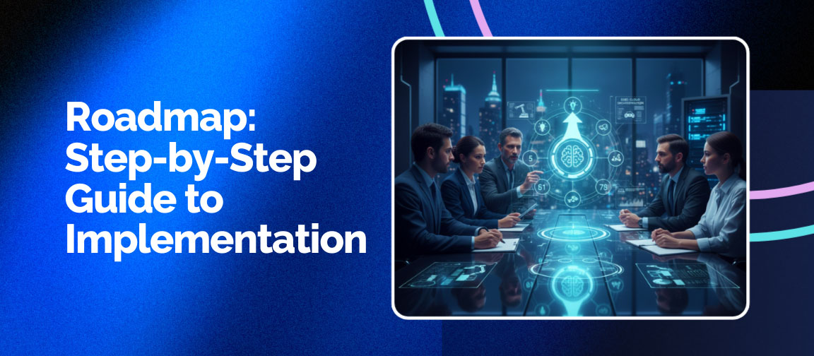 Step-by-step roadmap for Edge AI implementation with business team analyzing digital workflows.