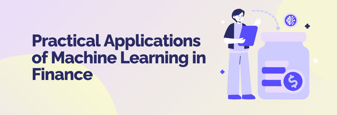 Illustration showcasing practical applications of machine learning in finance such as fraud detection and risk management.
