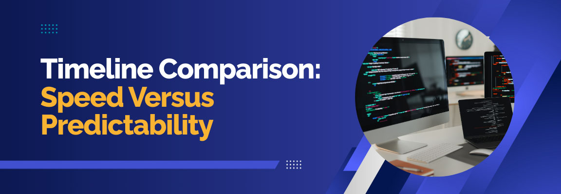 Timeline comparison of AI vs traditional software development focusing on speed and predictability.