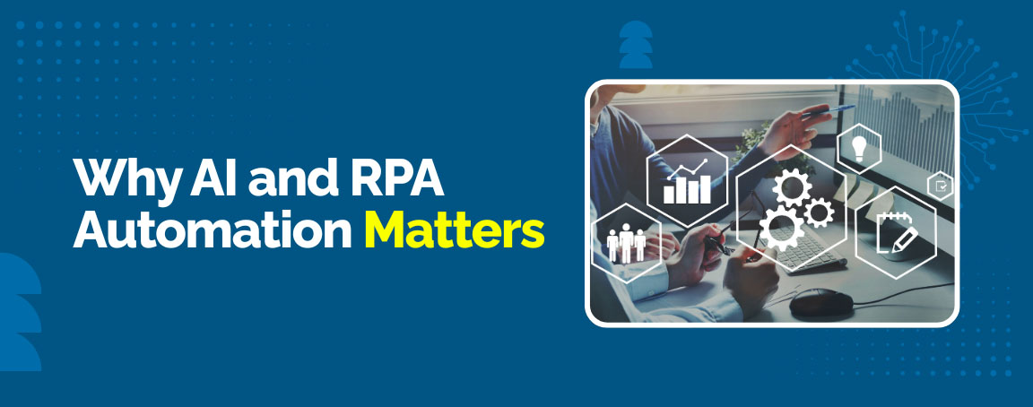 Why AI and RPA automation matters with business professionals and digital process icons