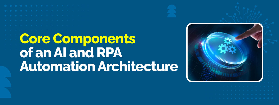 Core components of AI and RPA automation architecture with digital gear interface concept