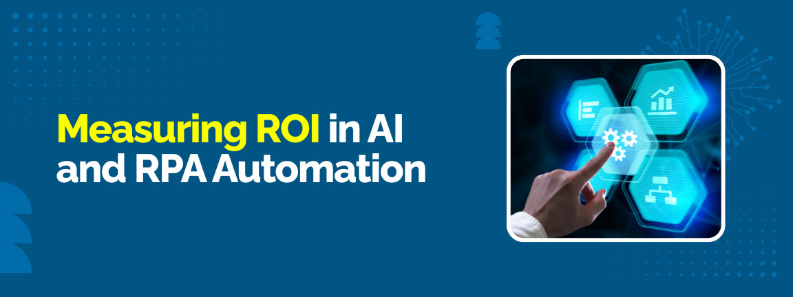 Measuring ROI in AI and RPA automation with business analytics and performance metrics icons