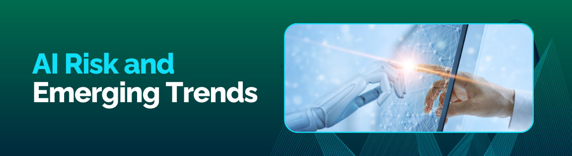 AI risk and emerging trends with human and robotic hand touching digital interface