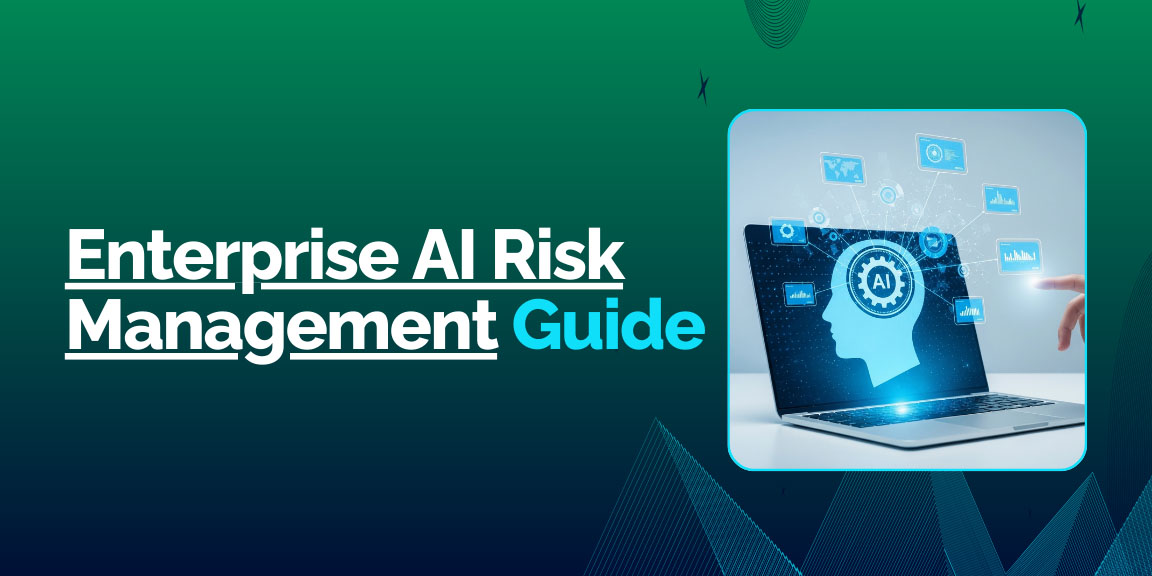 Enterprise AI risk management guide with AI head icon on laptop and connected data ecosystem