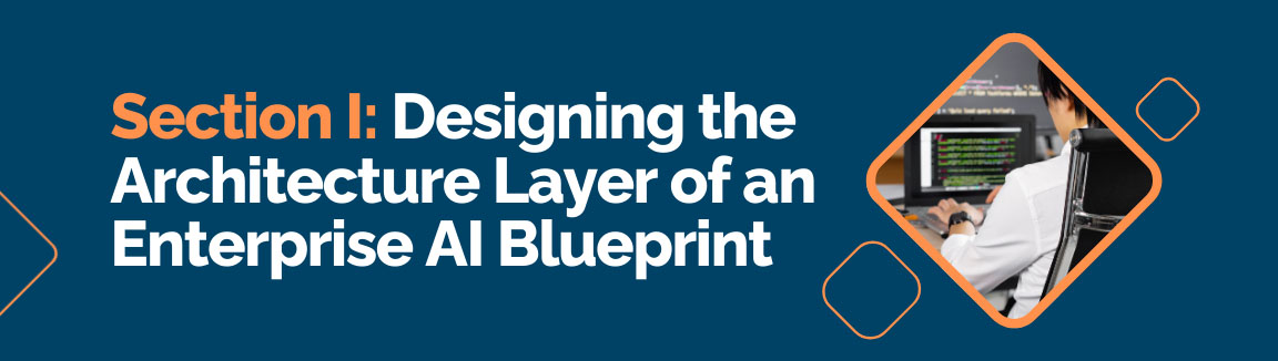 Designing the architecture layer of an enterprise AI blueprint with developer coding on desktop
